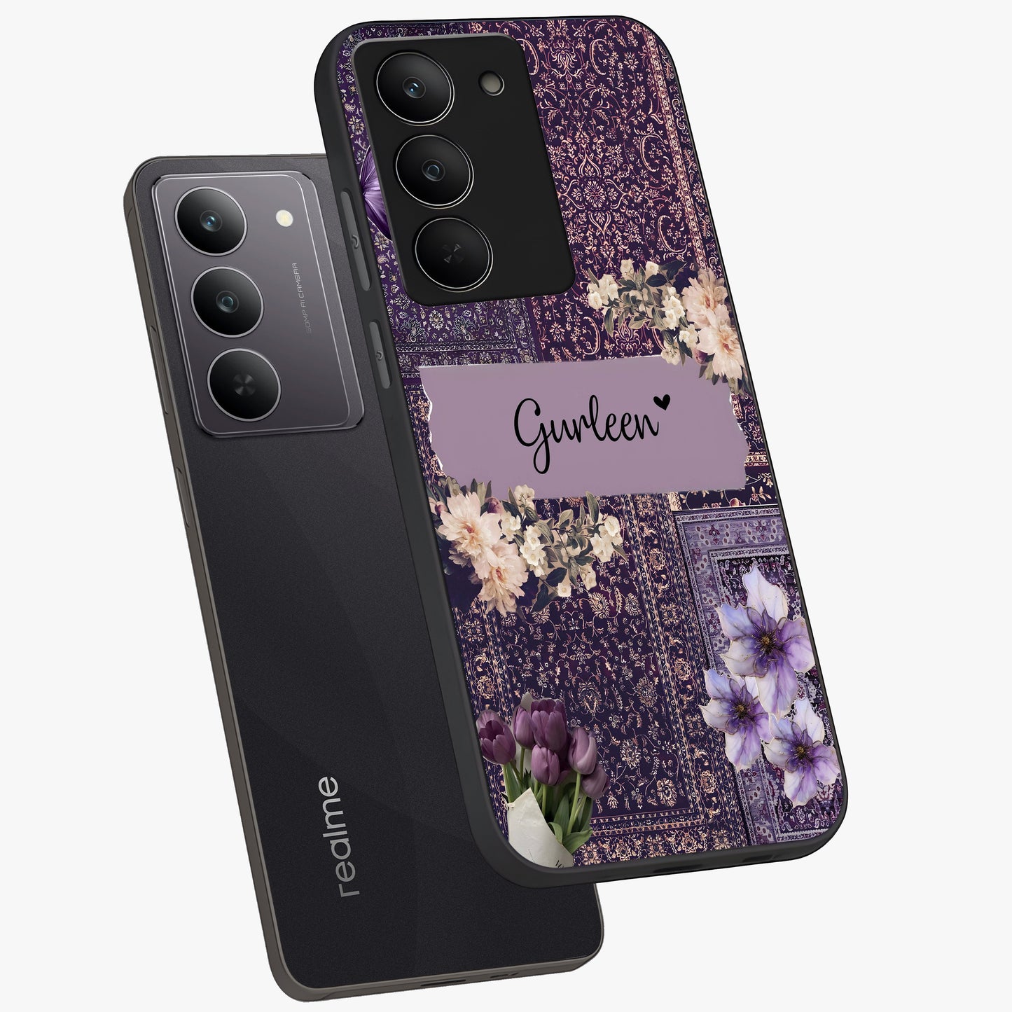 Antique Floral Whisper Custom Name Glass Case displayed in angled mockup highlighting elegant antique floral aesthetic.