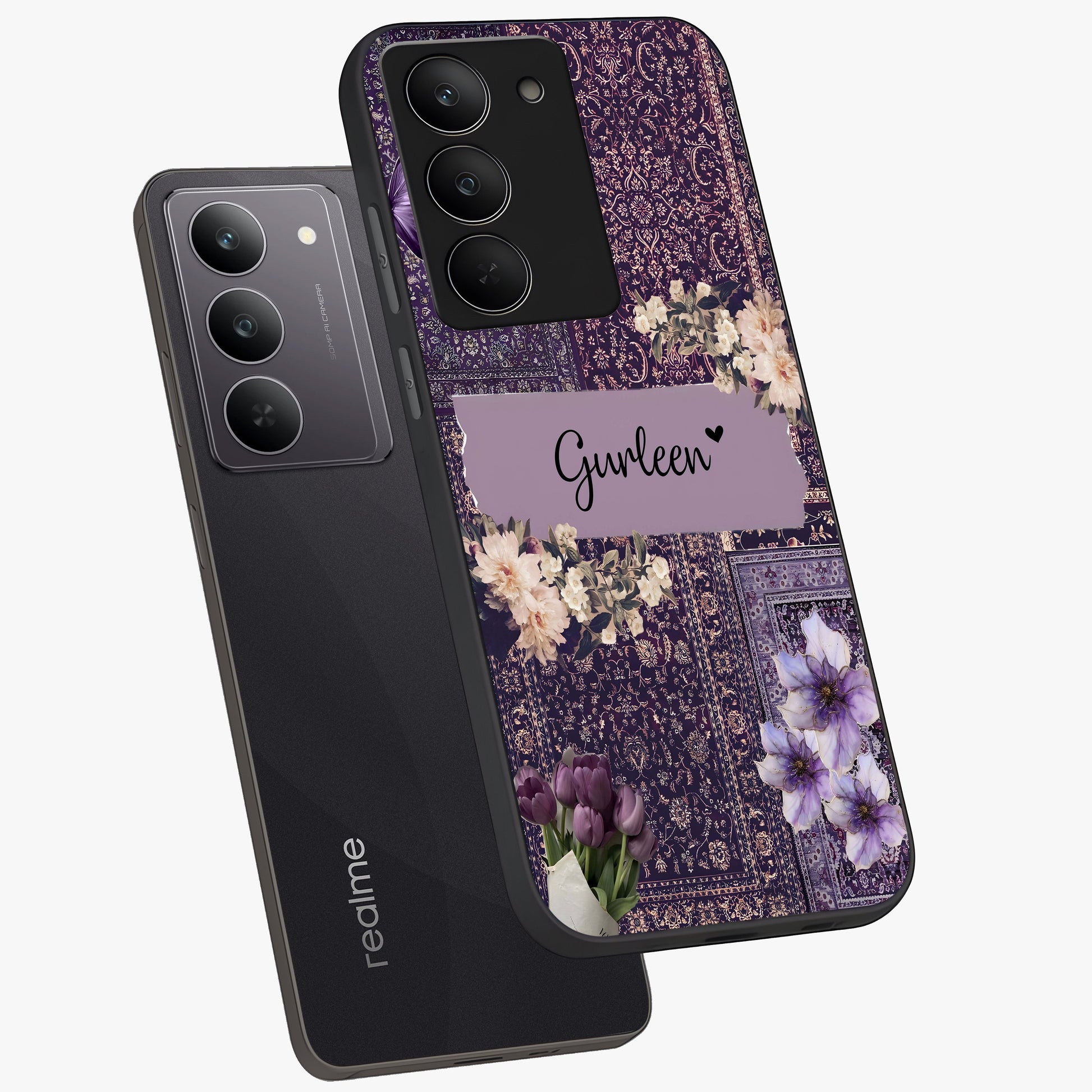 Antique Floral Whisper Custom Name Glass Case displayed in angled mockup highlighting elegant antique floral aesthetic.