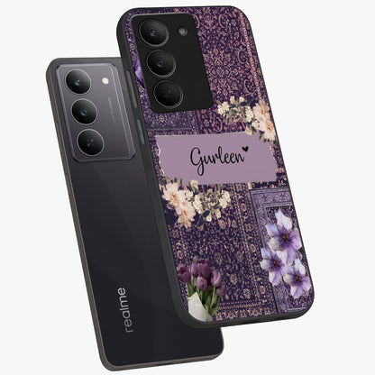 Antique Floral Whisper Custom Name Glass Case displayed in angled mockup highlighting elegant antique floral aesthetic.