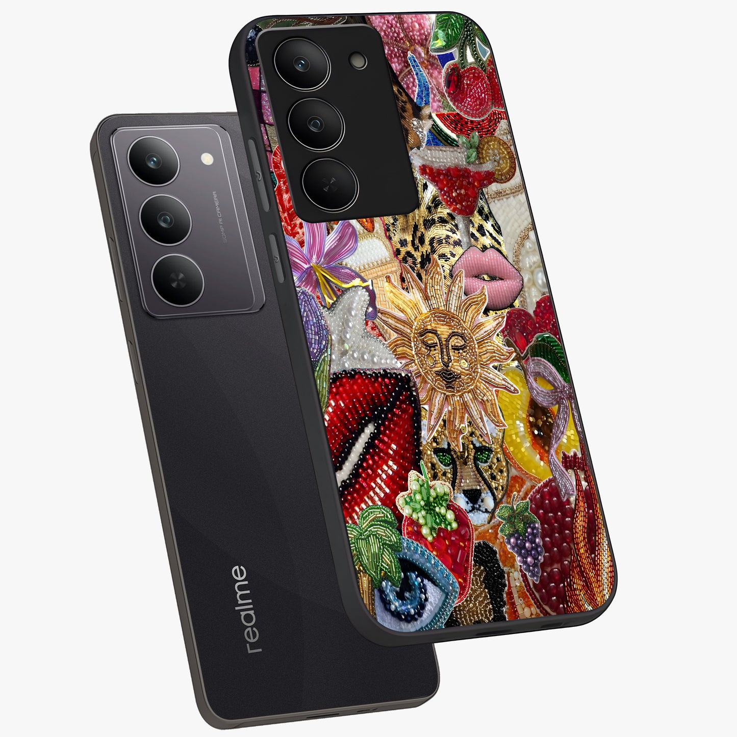 Beaded Fashion Jungle Glass Case displayed in angled mockup highlighting colorful fashion bead design and artistic pattern.