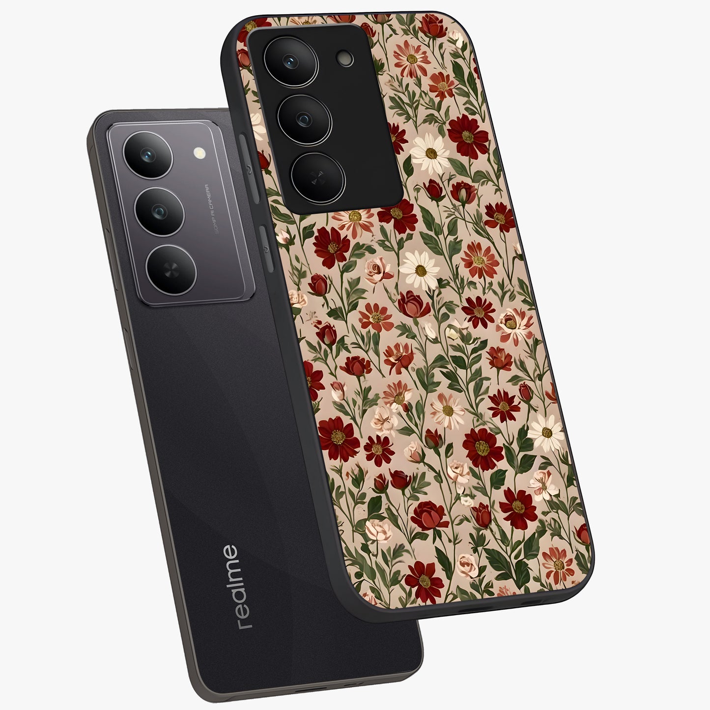 Biege Flower With Leaf Glass Case displayed in angled mockup highlighting minimal floral leaf design and elegant aesthetic.