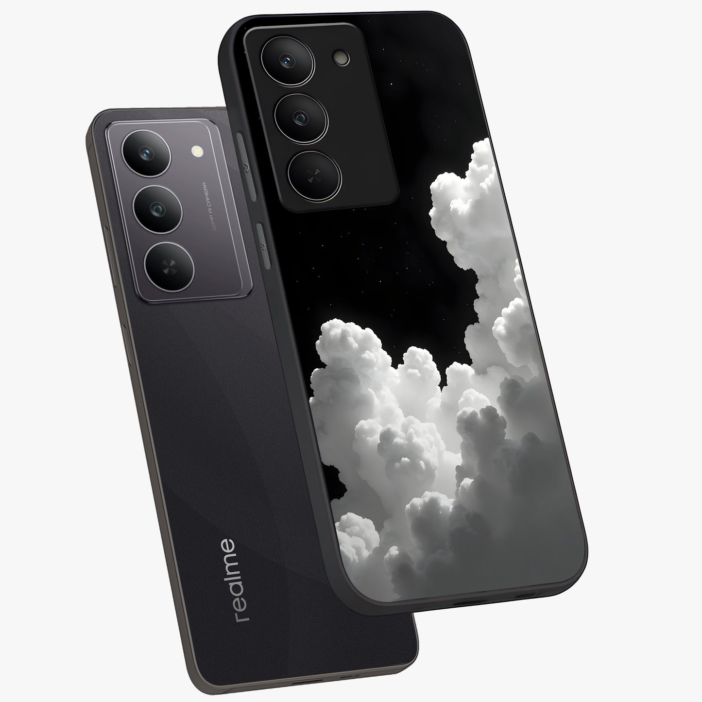 Black Background With White Cloud Glass Case displayed in angled mockup highlighting soft white cloud illustration and minimal design.