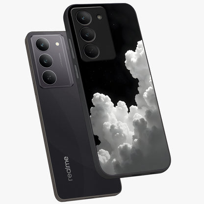 Black Background With White Cloud Glass Case displayed in angled mockup highlighting soft white cloud illustration and minimal design.