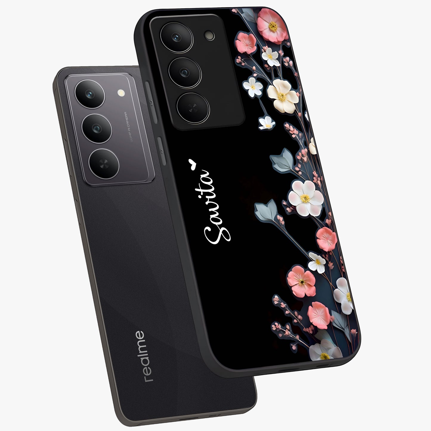 Black Elegance Floral Custom Name Glass Case displayed in angled mockup highlighting dark floral aesthetic and custom name feature.