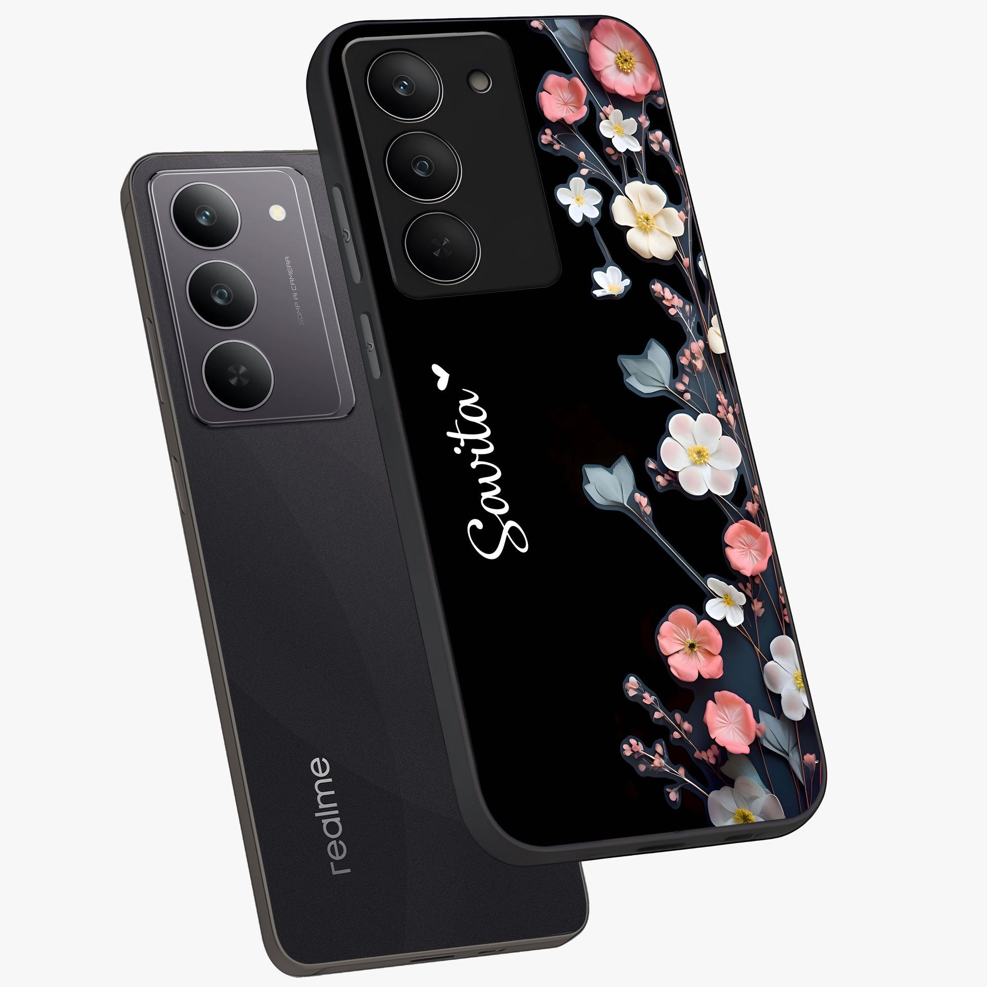Black Elegance Floral Custom Name Glass Case displayed in angled mockup highlighting dark floral aesthetic and custom name feature.