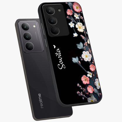 Black Elegance Floral Custom Name Glass Case displayed in angled mockup highlighting dark floral aesthetic and custom name feature.