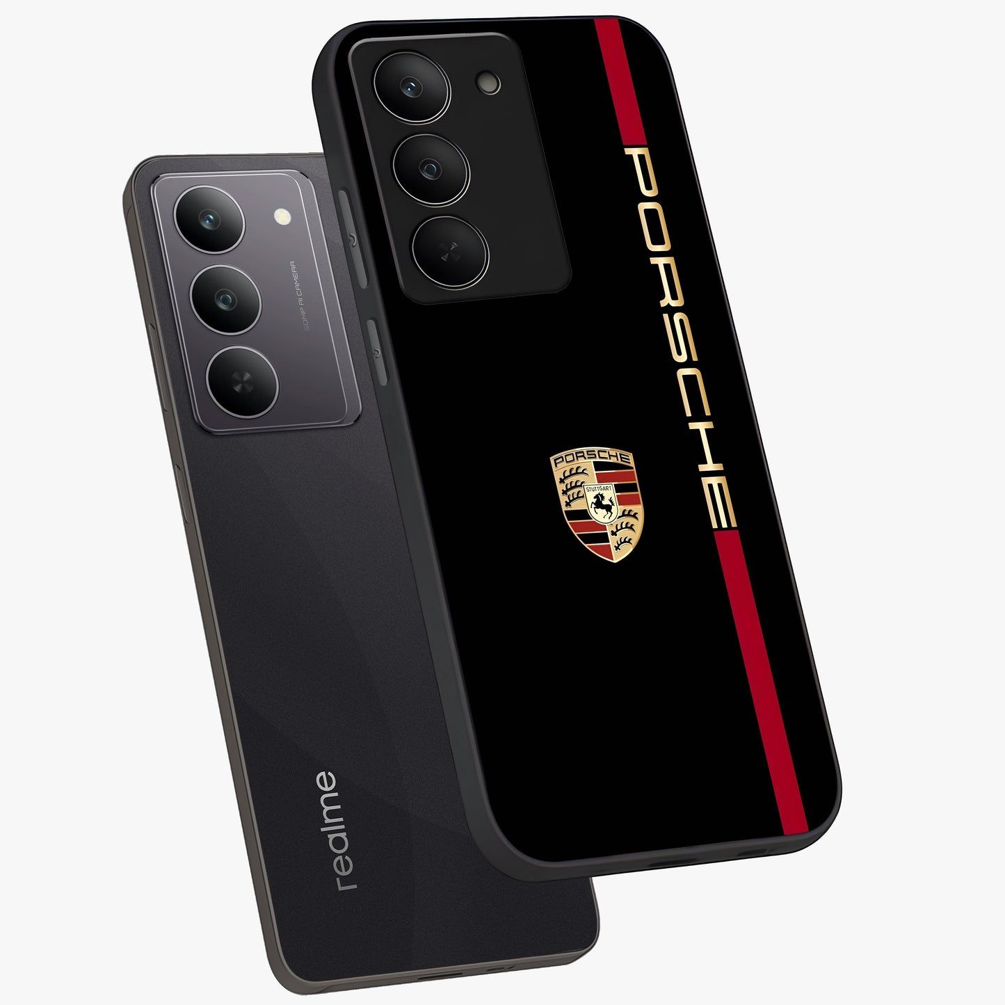 Black Minimal Porsche Glass Case displayed in angled mockup highlighting modern minimal car illustration and clean aesthetic design.