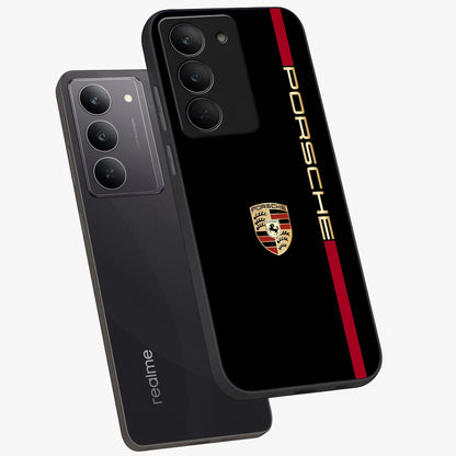 Black Minimal Porsche Glass Case displayed in angled mockup highlighting modern minimal car illustration and clean aesthetic design.