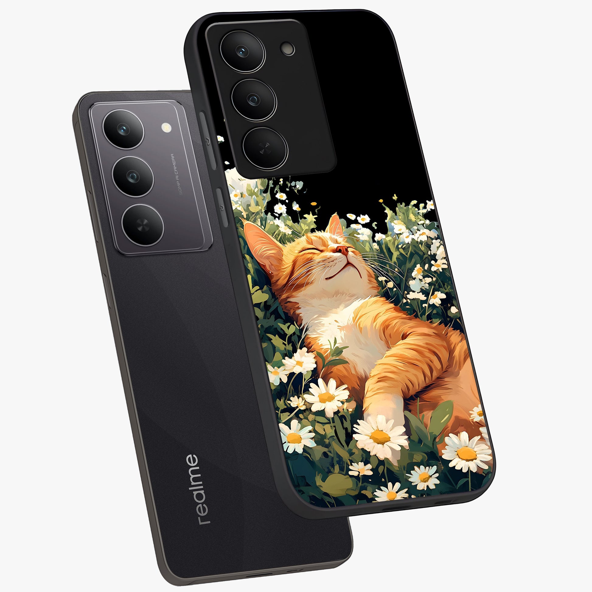 Blissful Bloom Cat Glass Case displayed in angled mockup highlighting playful feline illustration with soft floral aesthetic.