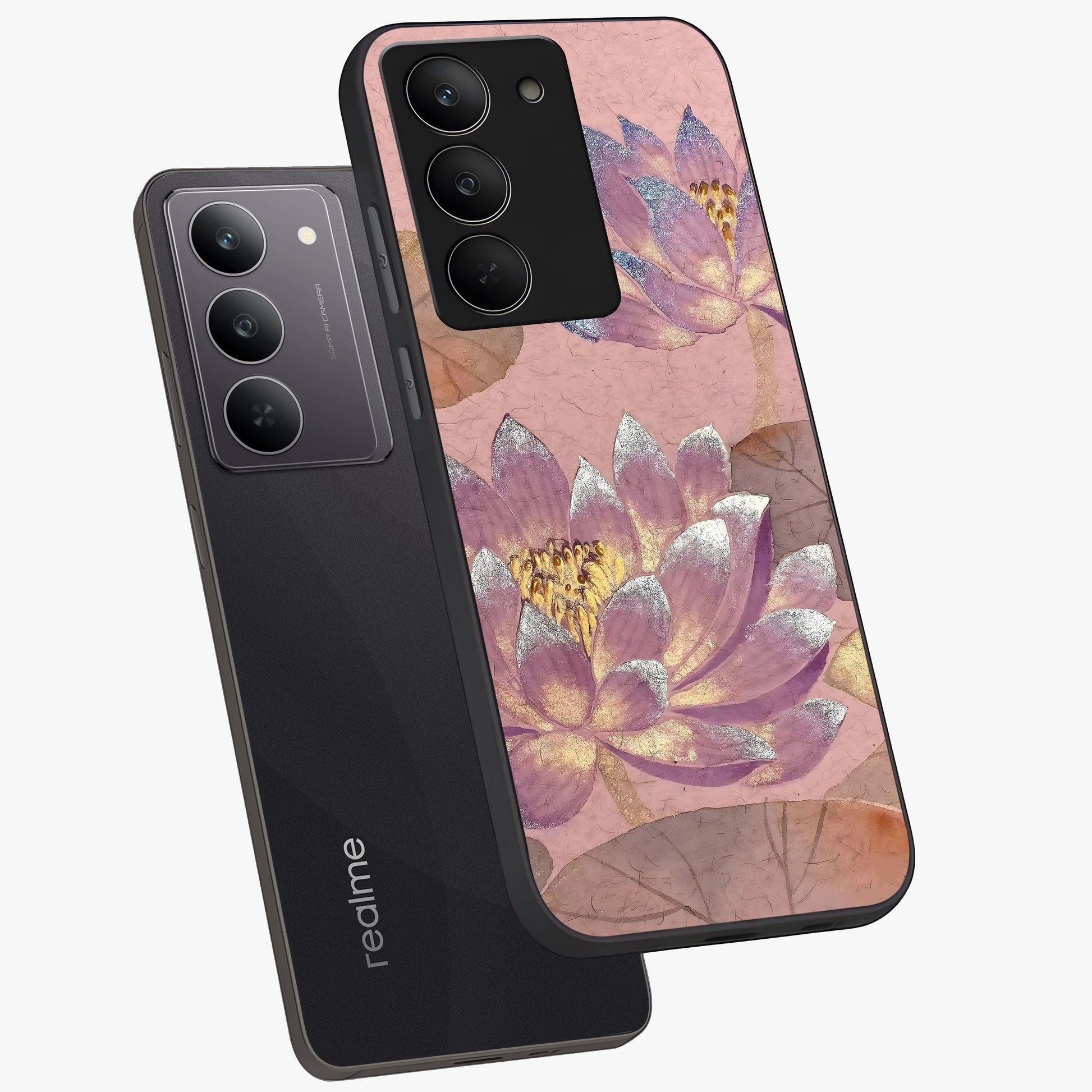 Blossom Mist Lotus Glass Case displayed in angled mockup highlighting delicate lotus illustration with calm aesthetic theme.