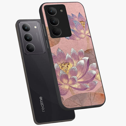 Blossom Mist Lotus Glass Case displayed in angled mockup highlighting delicate lotus illustration with calm aesthetic theme.