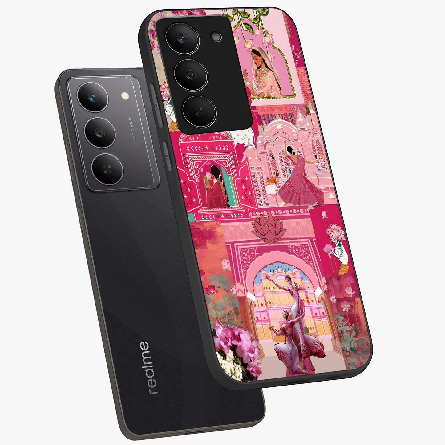 Blossoms of Rajasthan Glass Case displayed in angled mockup highlighting vibrant floral pattern with cultural aesthetic style.