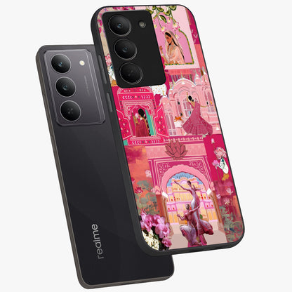 Blossoms of Rajasthan Glass Case displayed in angled mockup highlighting vibrant floral pattern with cultural aesthetic style.