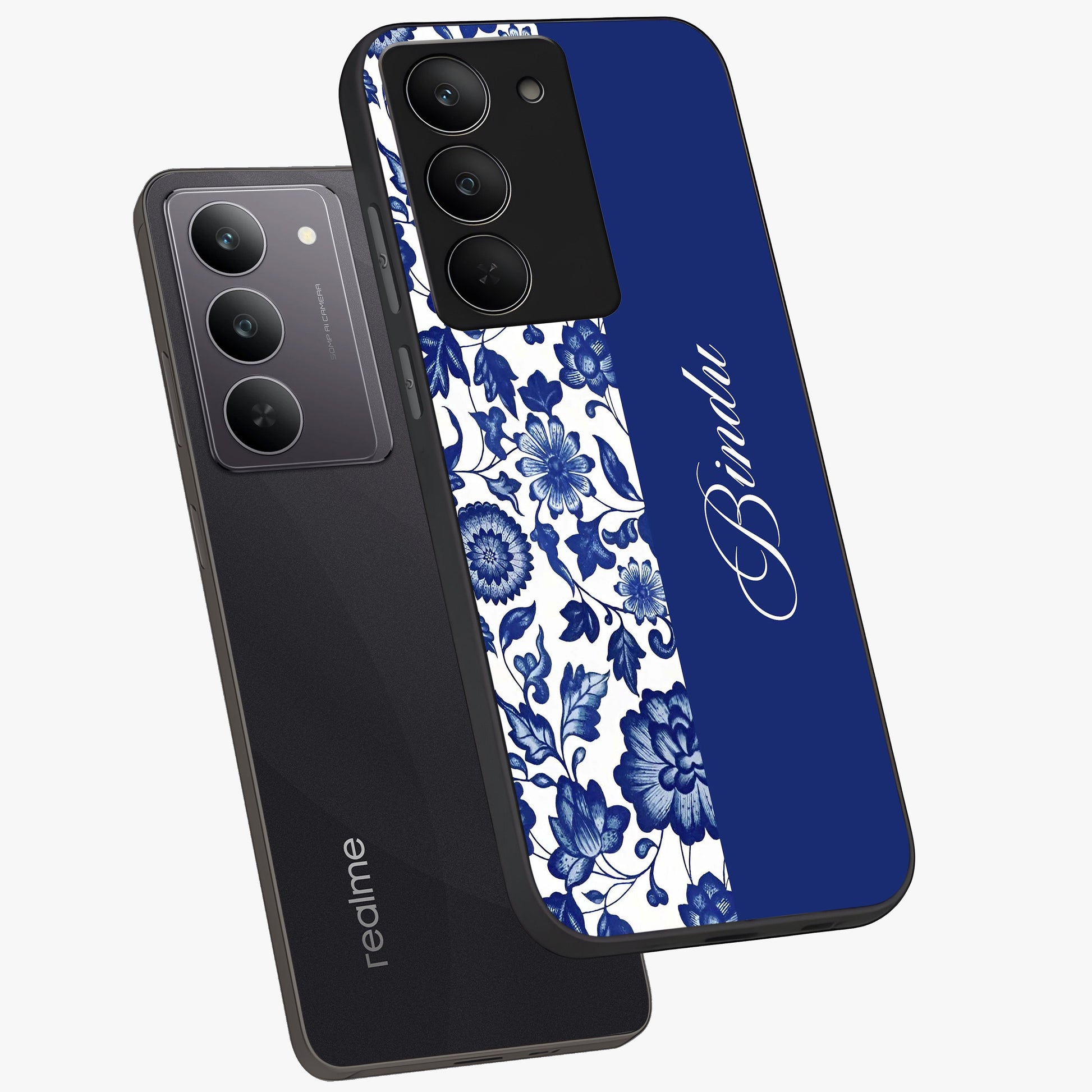 Blue Vintage Floral Pattern Glass Case displayed in angled mockup highlighting subtle bloom pattern with aesthetic pastel design.