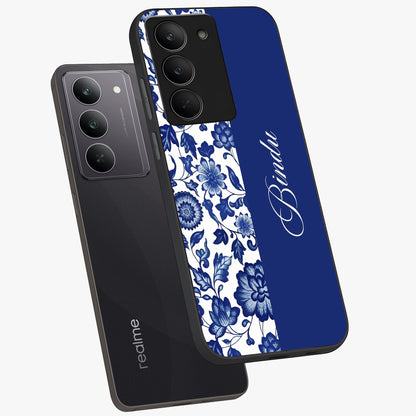 Blue Vintage Floral Pattern Glass Case displayed in angled mockup highlighting subtle bloom pattern with aesthetic pastel design.