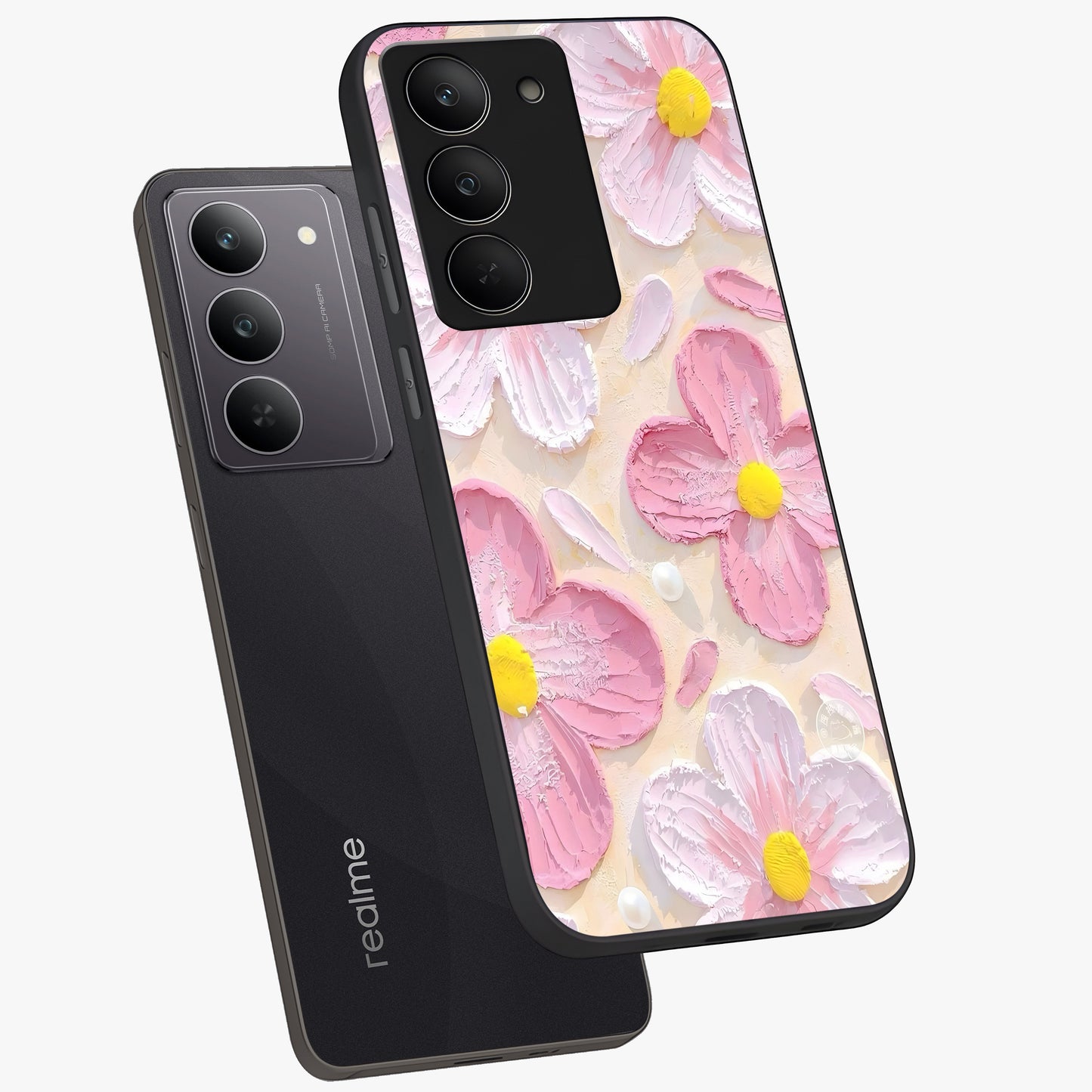 Blush Bloom Texture Glass Case displayed in angled mockup highlighting subtle bloom pattern with aesthetic pastel design.