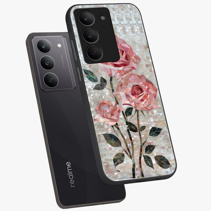 Blush Mosaic Bloom Glass Case displayed in angled mockup highlighting artistic mosaic flower pattern with aesthetic design.