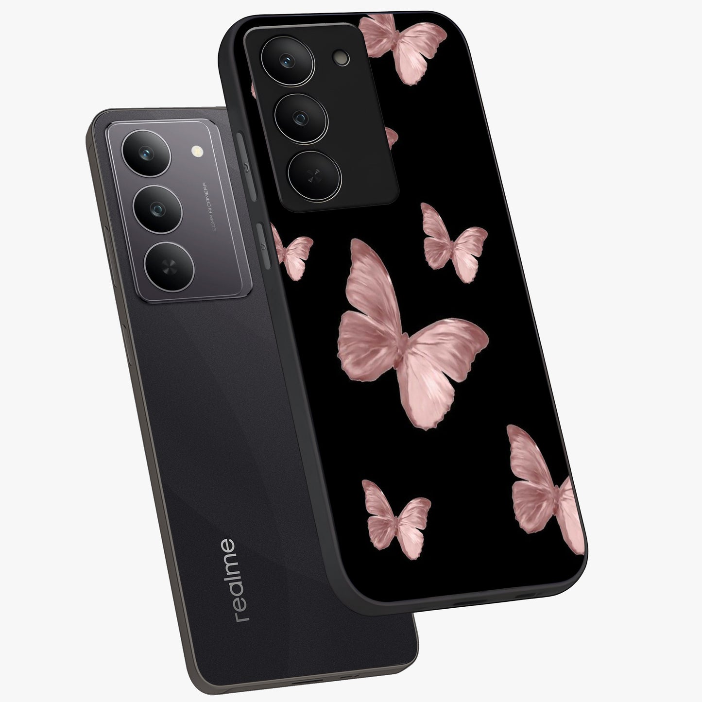 Butterfly Pattern Glass Case displayed in angled mockup highlighting delicate butterfly design and aesthetic pattern style.