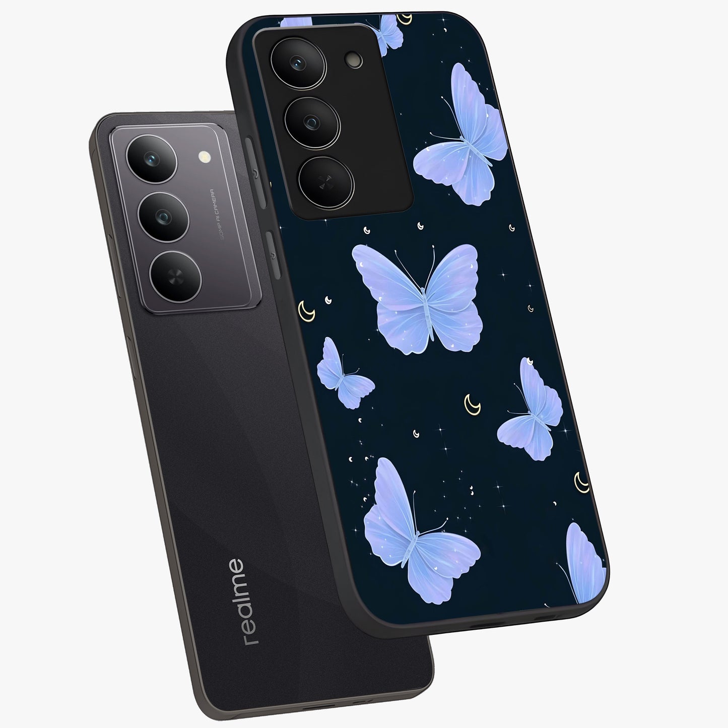 Butterfly With Stars Pattern Glass Case displayed in angled mockup highlighting dreamy butterfly and star design with aesthetic theme.