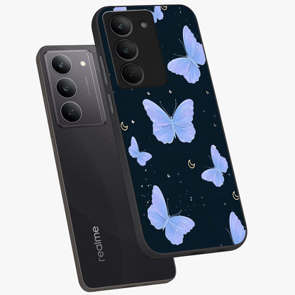Butterfly With Stars Pattern Glass Case displayed in angled mockup highlighting dreamy butterfly and star design with aesthetic theme.
