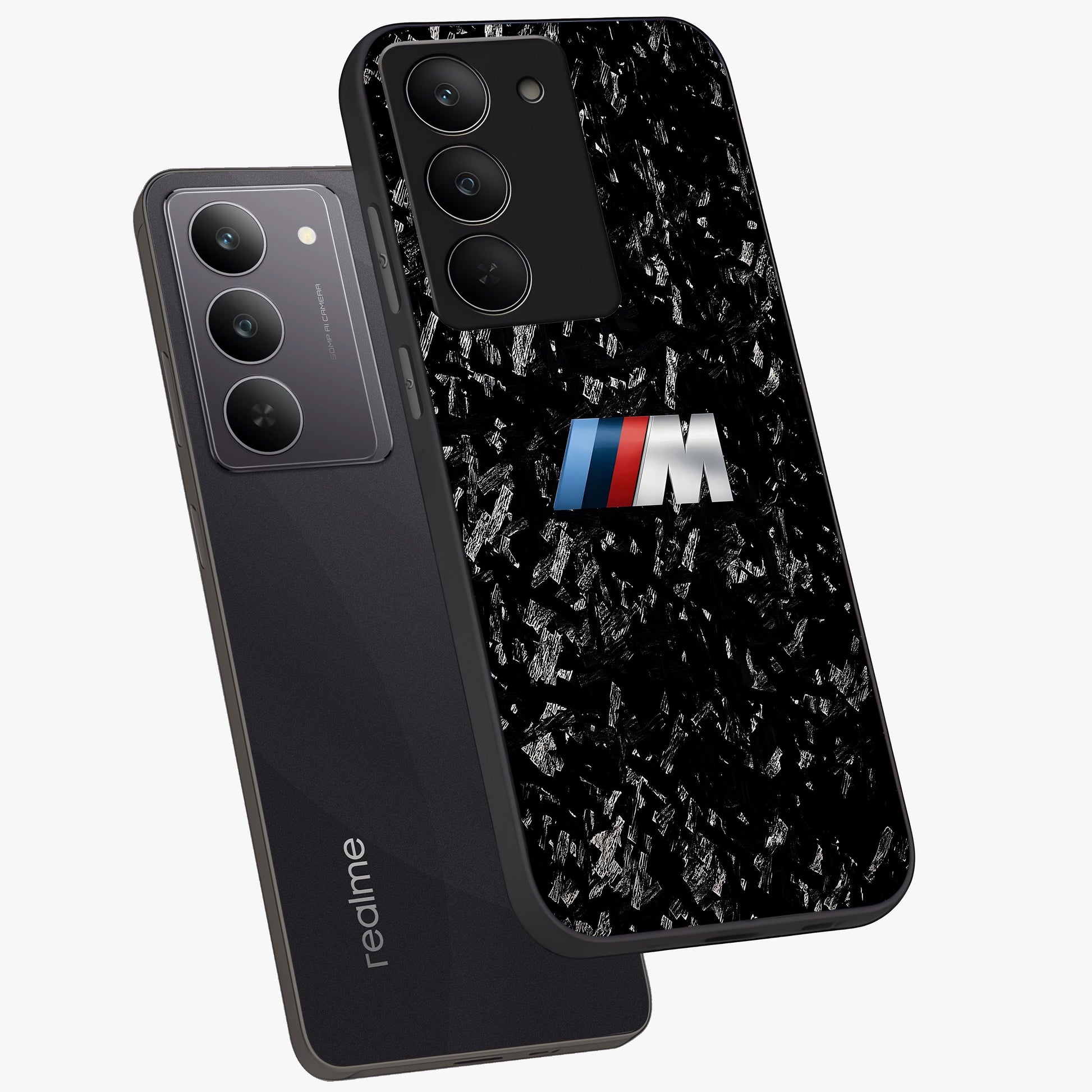 Carbon Speed Mark Glass Case displayed in angled mockup highlighting racing inspired carbon design and sleek aesthetic style.