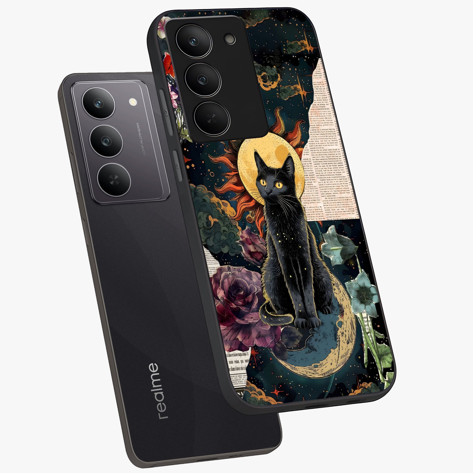 Celestial Black Cat Glass Case displayed in angled mockup highlighting cosmic black cat design with celestial aesthetic.