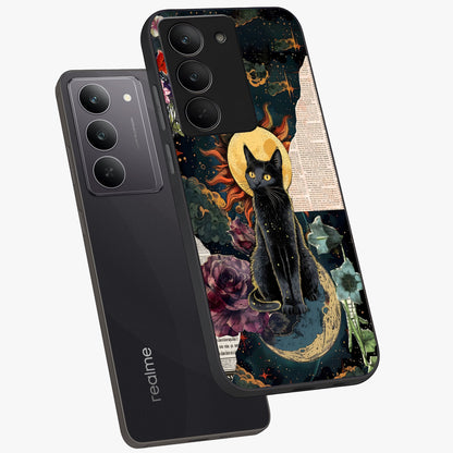 Celestial Black Cat Glass Case displayed in angled mockup highlighting cosmic black cat design with celestial aesthetic.