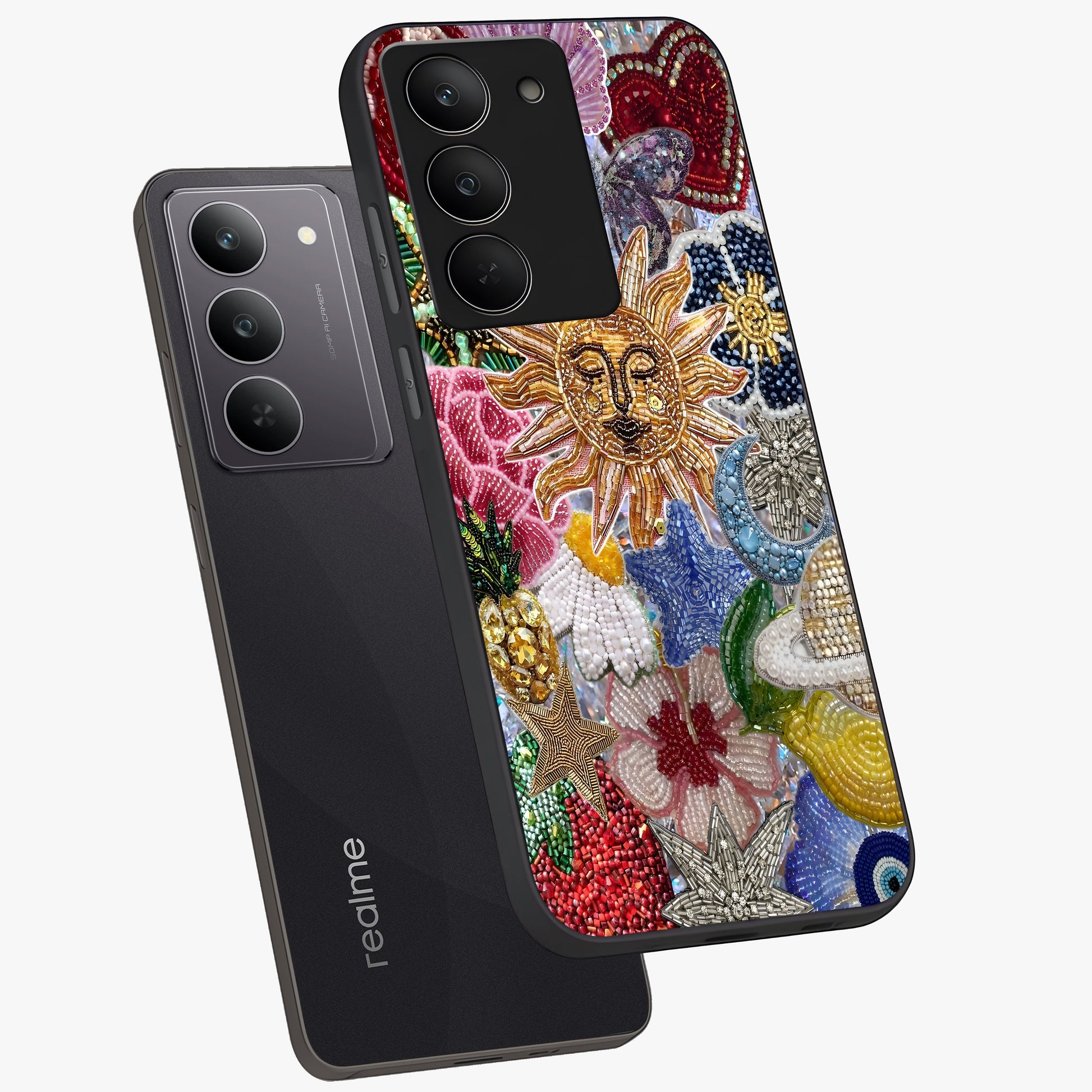 Celestial Floral and Playful Glass Case displayed in angled mockup highlighting playful floral design with dreamy celestial elements.