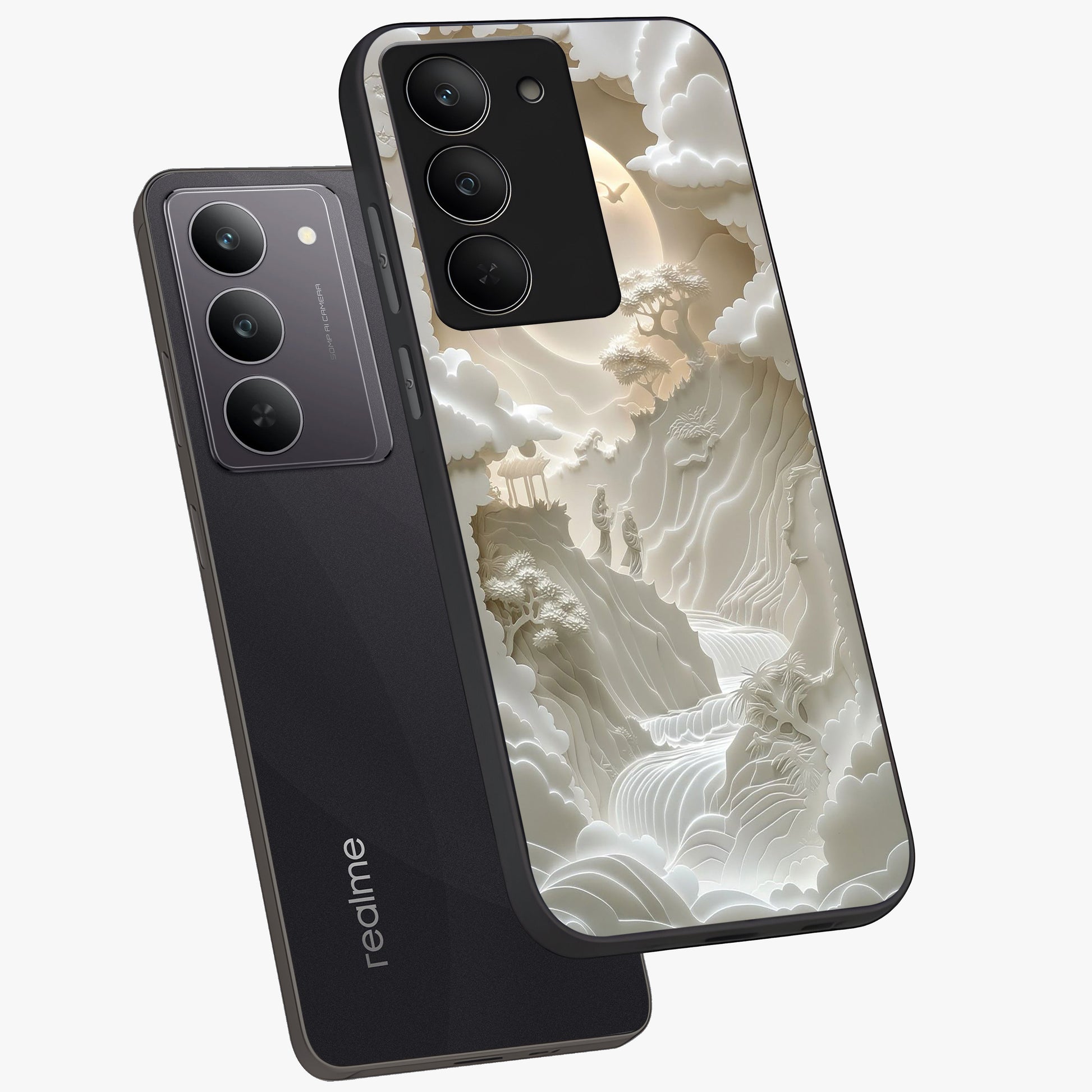 Celestial Origami Glass Case displayed in angled mockup highlighting geometric origami design with cosmic aesthetic theme.