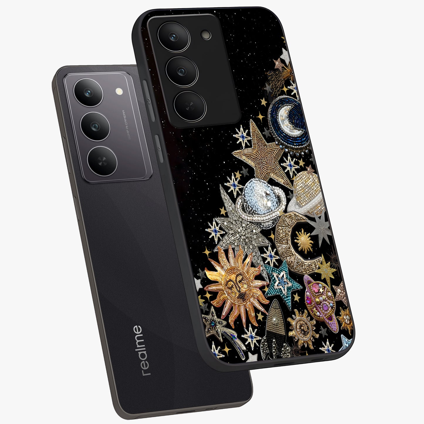 Cosmic Sparkle Dreams Glass Case displayed in angled mockup highlighting dreamy star sparkle design with celestial aesthetic.