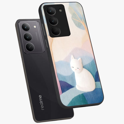 Cotton Dream Cat Glass Case displayed in angled mockup highlighting cute feline illustration with pastel aesthetic style.