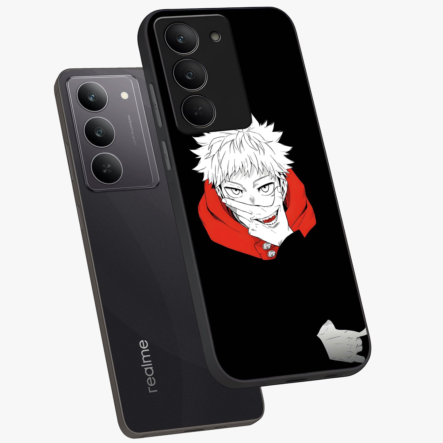 Crimson Chaos Smile Glass Case displayed in angled mockup highlighting edgy crimson smile design with graphic aesthetic.