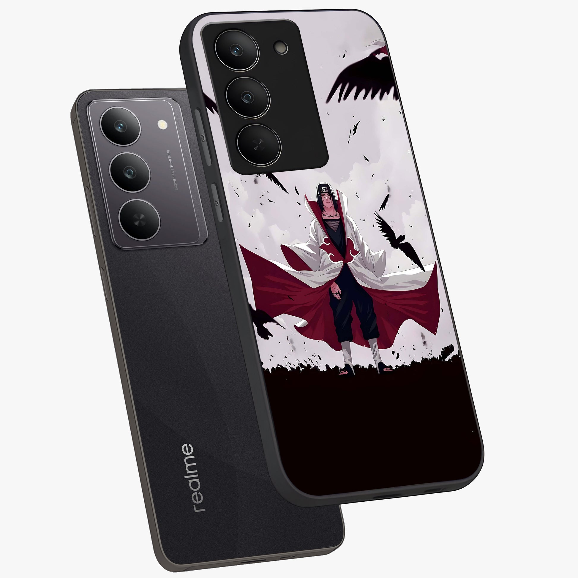 Crimson Crow Ascension Glass Case displayed in angled mockup highlighting powerful crow illustration with dark crimson aesthetic.
