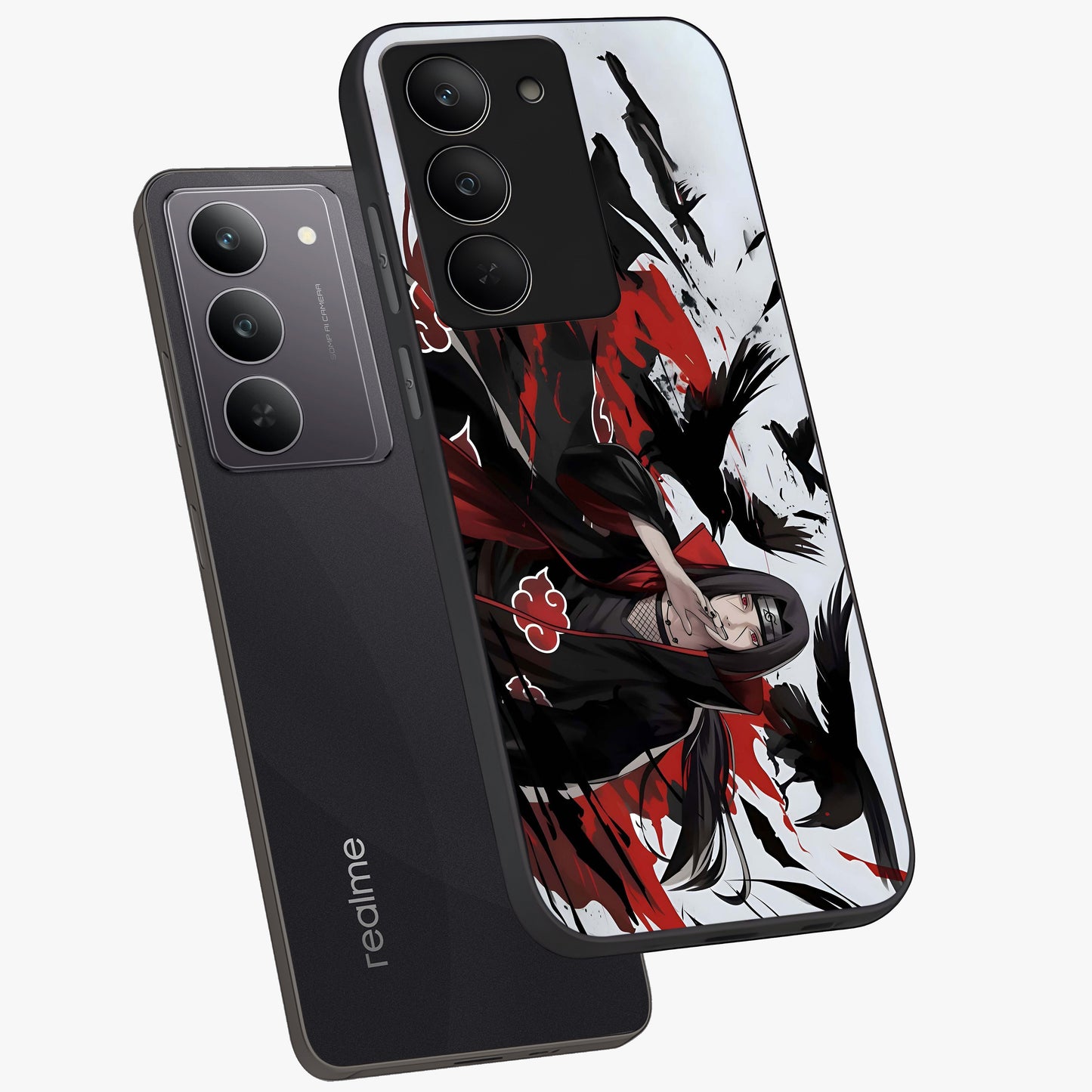 Crimson Crow Illusion Glass Case displayed in angled mockup highlighting mysterious crow graphic with dark aesthetic style.