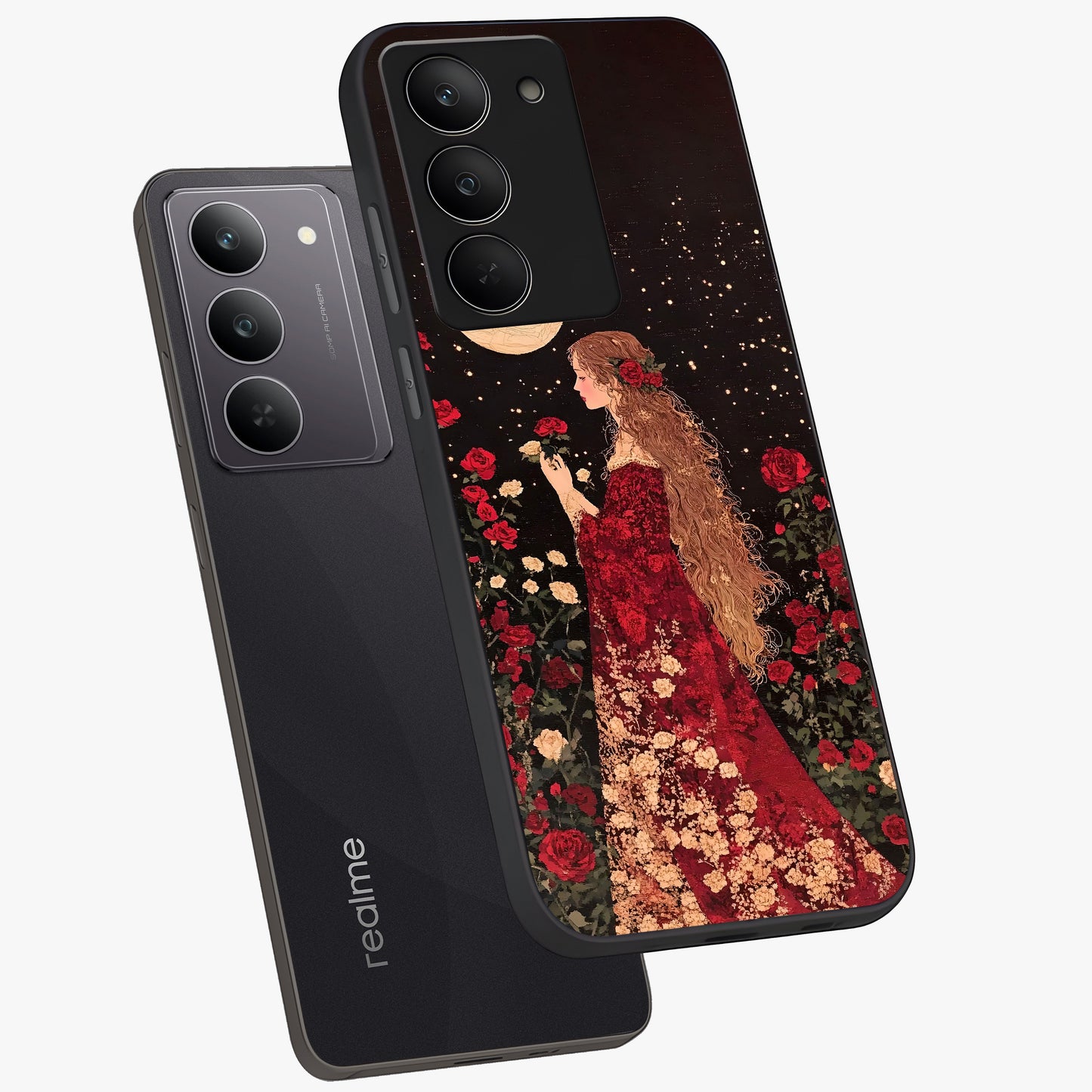 Crimson Dreams Glass Case displayed in angled mockup highlighting soft crimson aesthetic design with artistic theme.