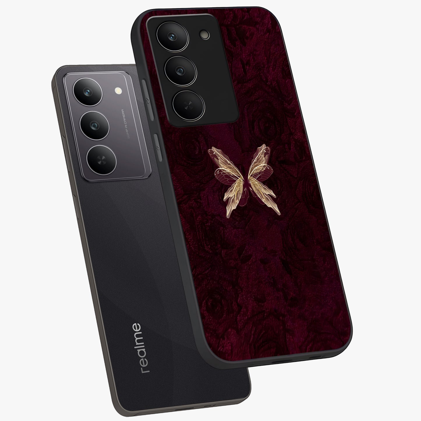 Crimson Fade Butterfly Glass Case displayed in angled mockup highlighting elegant butterfly design with crimson gradient aesthetic.