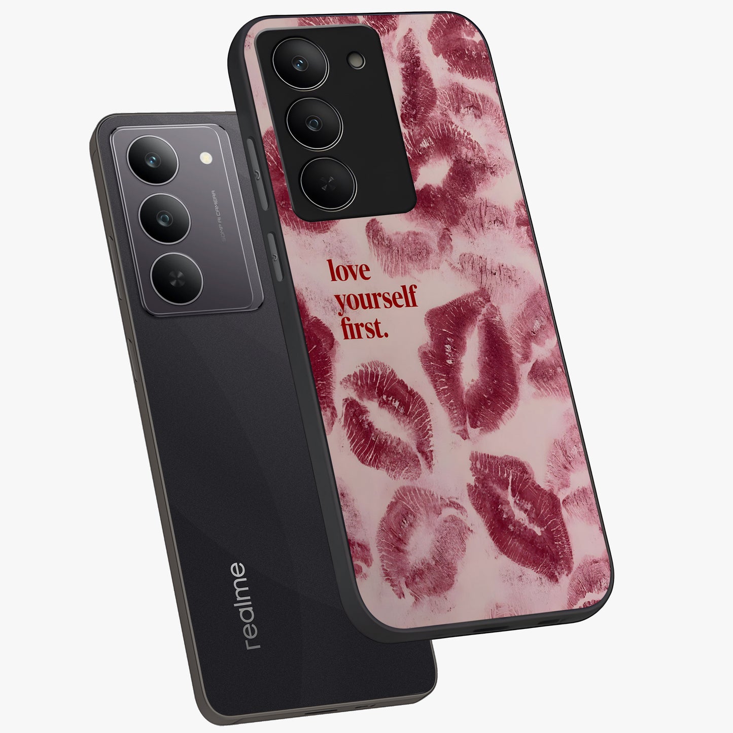 Crimson Kiss Love Glass Case displayed in angled mockup highlighting bold love inspired design with modern aesthetic style.