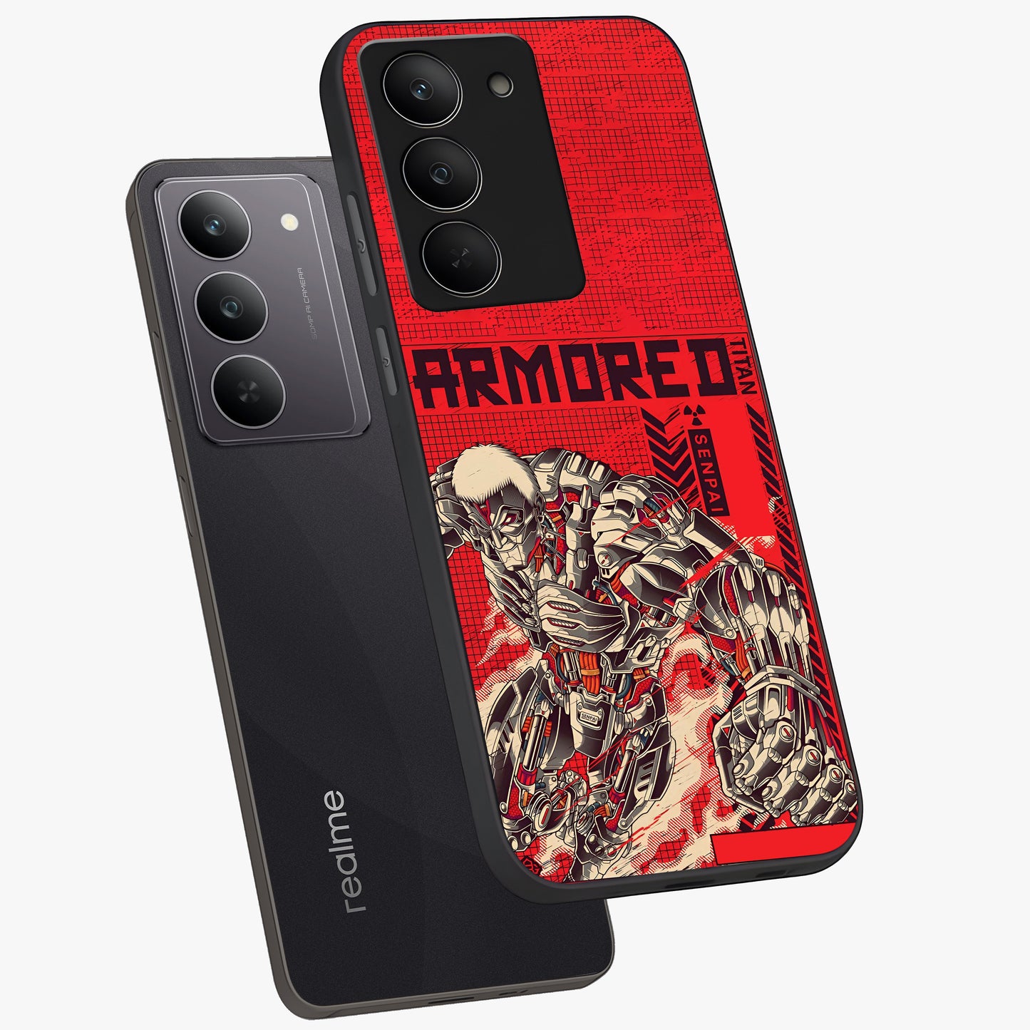 Crimson Mecha Titan Glass Case displayed in angled mockup highlighting futuristic mech illustration with bold crimson aesthetic.