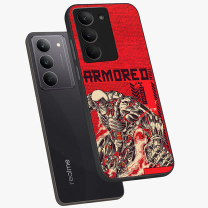 Crimson Mecha Titan Glass Case displayed in angled mockup highlighting futuristic mech illustration with bold crimson aesthetic.