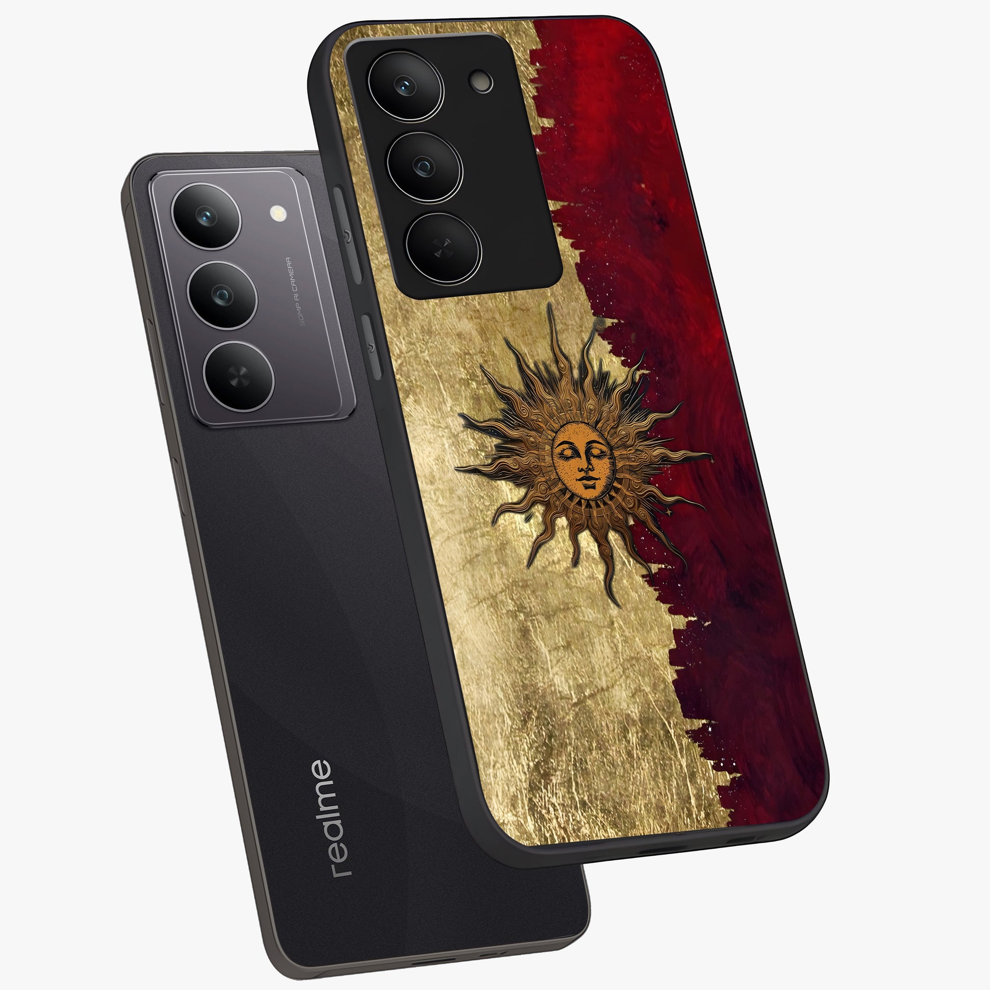 Crimson Sun Majesty Glass Case displayed in angled mockup highlighting majestic crimson sun design with bold aesthetic style.