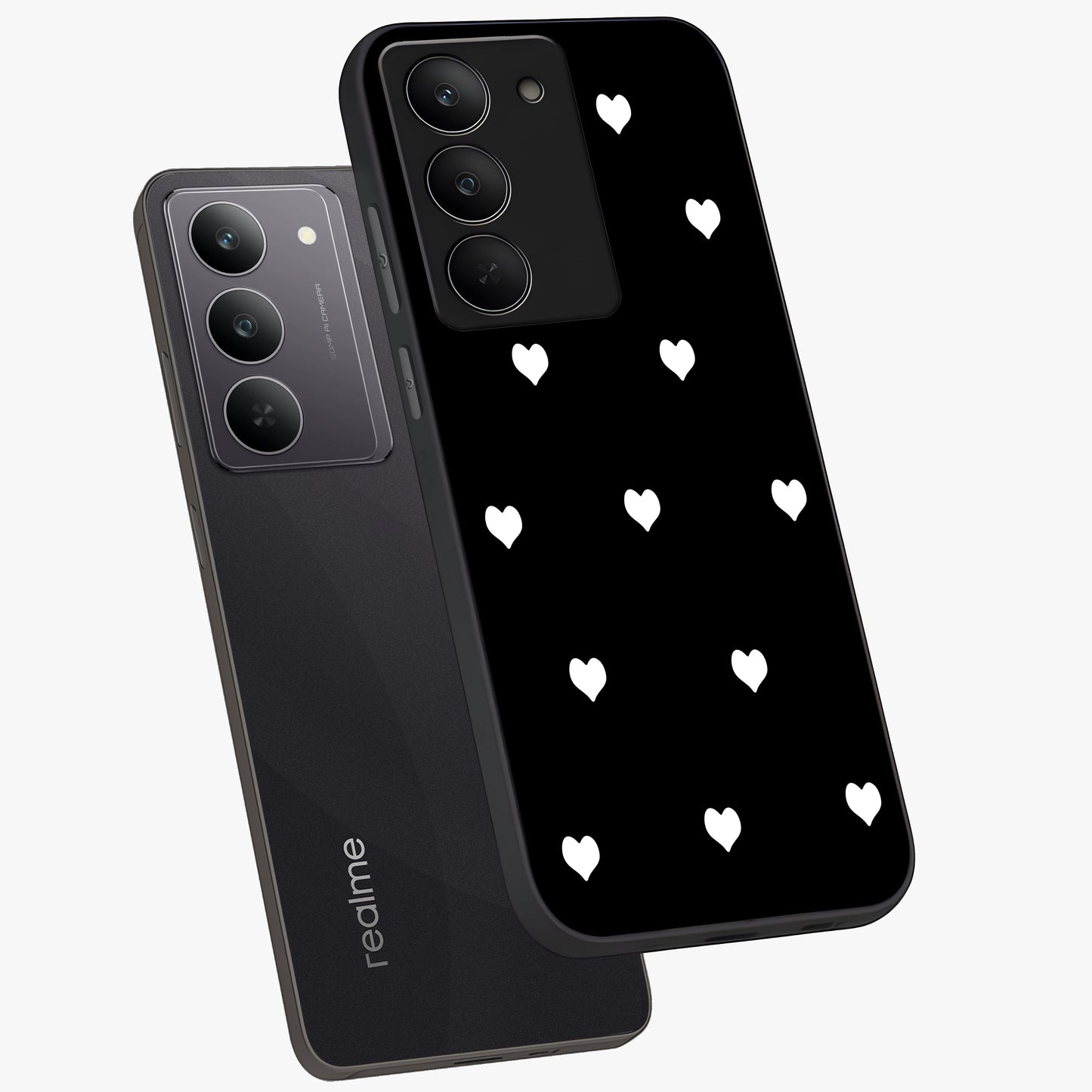 Cute And Simple White Hearts Glass Case displayed in angled mockup highlighting cute heart design with clean aesthetic style.