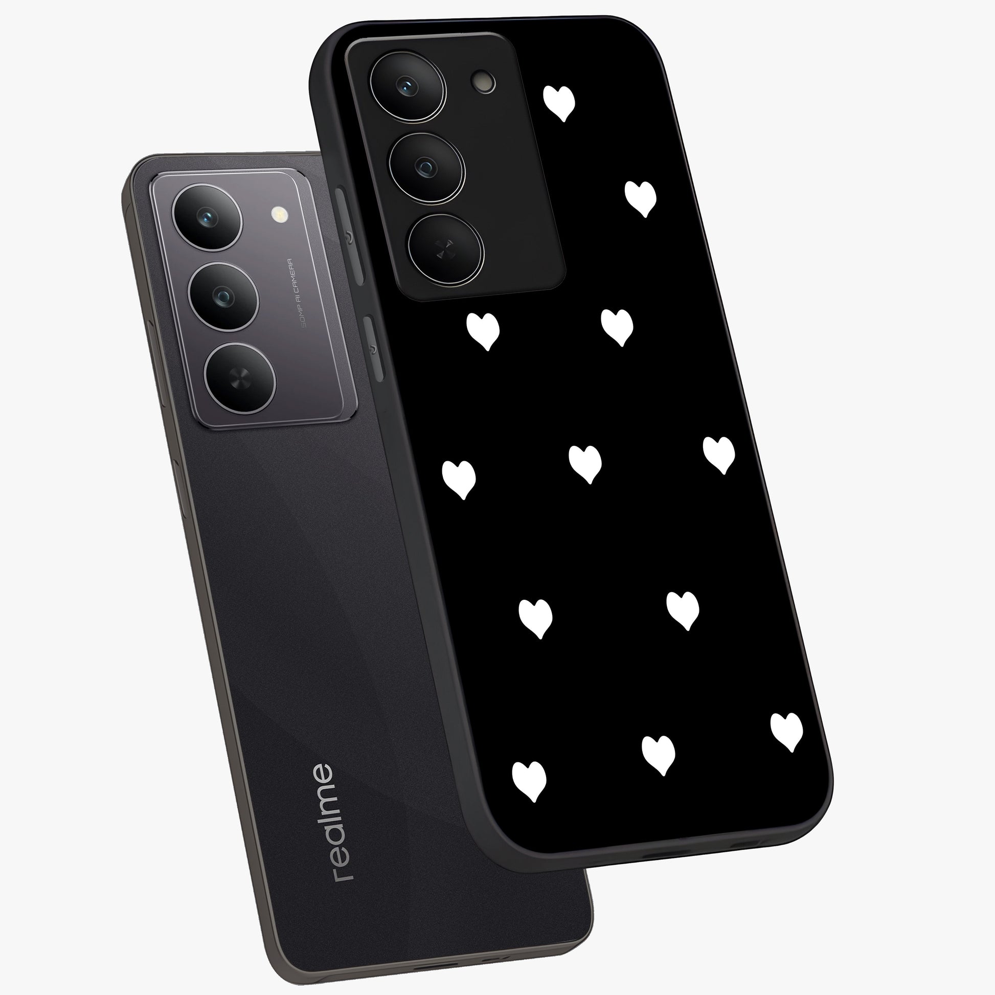 Cute And Simple White Hearts Glass Case displayed in angled mockup highlighting cute heart design with clean aesthetic style.