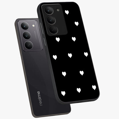 Cute And Simple White Hearts Glass Case displayed in angled mockup highlighting cute heart design with clean aesthetic style.