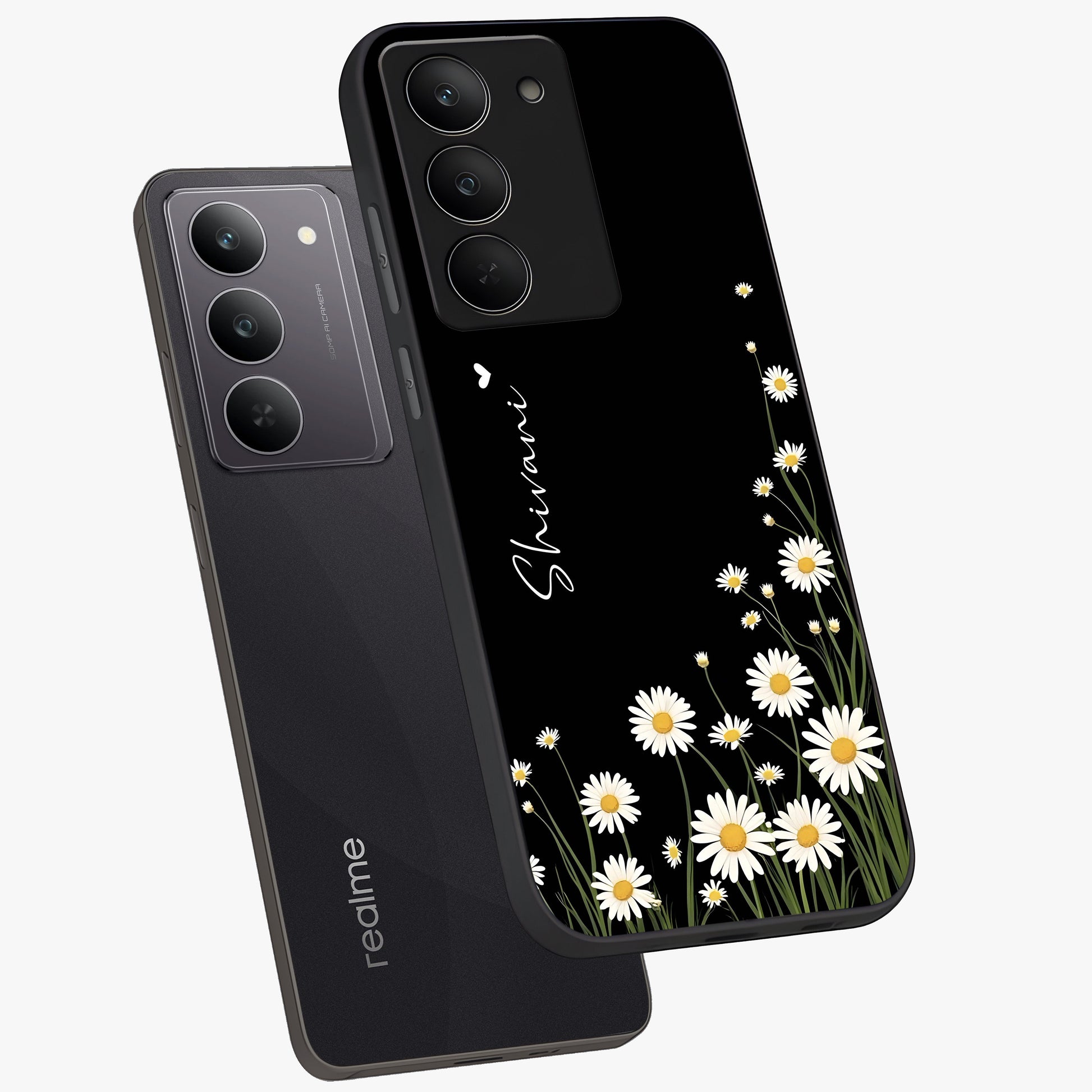 Daisy Cascade Custom Name Glass Case displayed in angled mockup highlighting delicate daisy artwork with custom name feature.