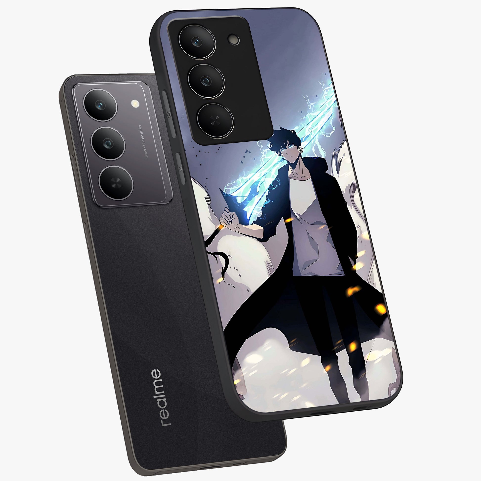 Dark Lightning Anime Warrior Glass Case displayed in angled mockup highlighting powerful lightning themed anime illustration.