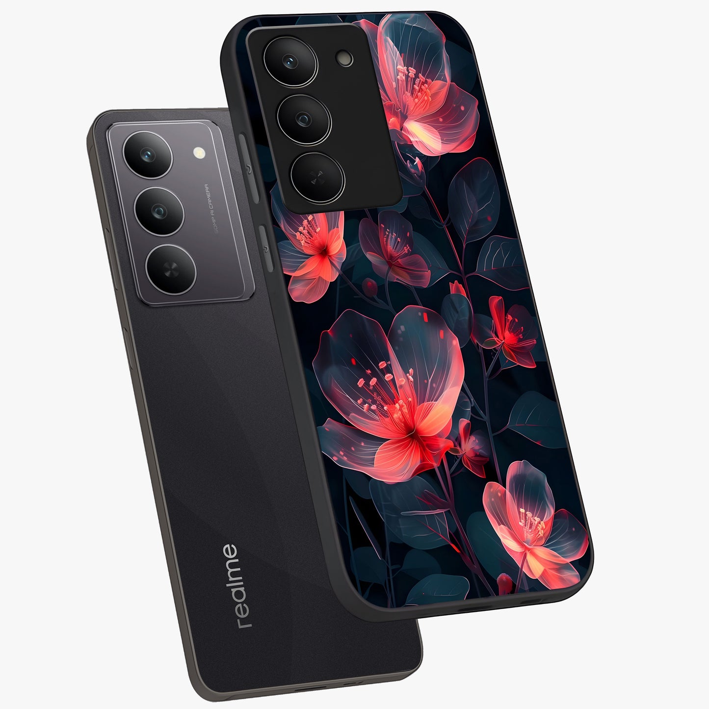 Dark Shade of Flower Glass Case displayed in angled mockup highlighting moody floral illustration with aesthetic dark tones.
