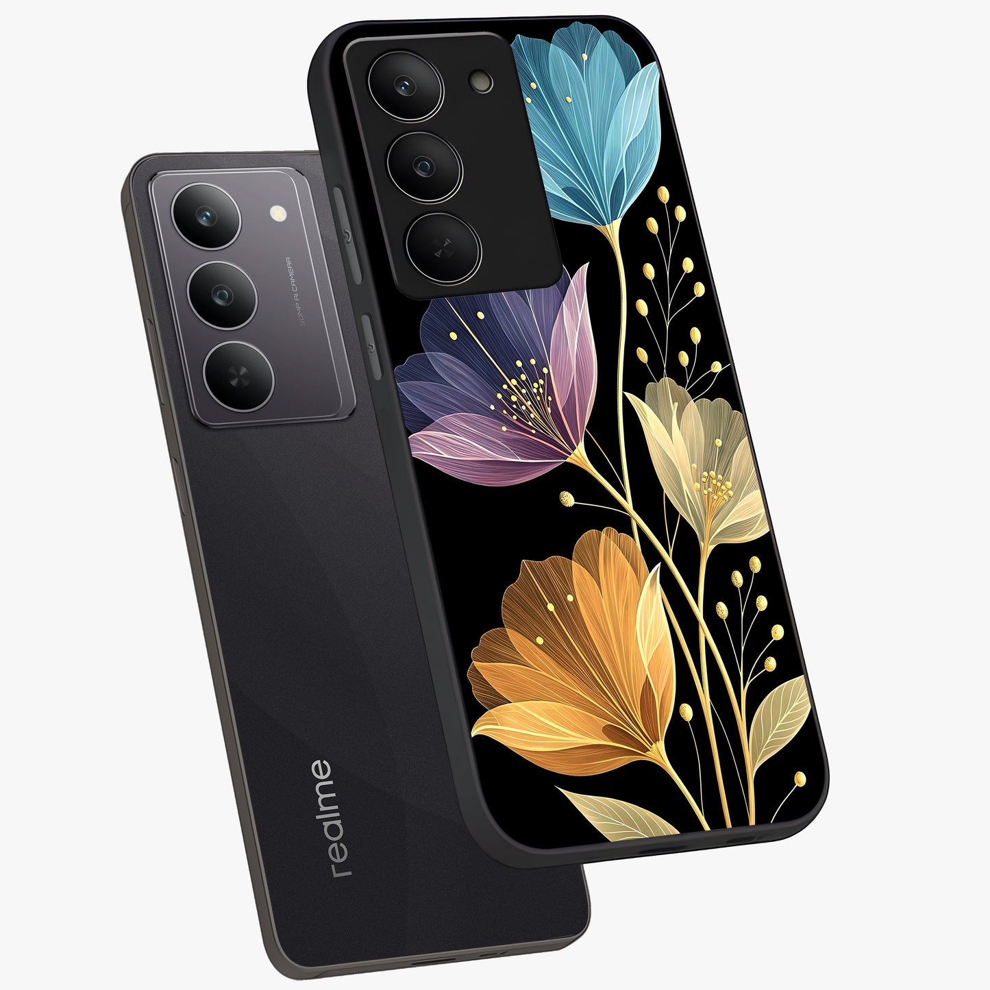 Delicate Multicolor Flowers Glass Case displayed in angled mockup highlighting colorful flower pattern with soft aesthetic style.