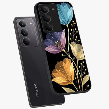 Delicate Multicolor Flowers Glass Case displayed in angled mockup highlighting colorful flower pattern with soft aesthetic style.