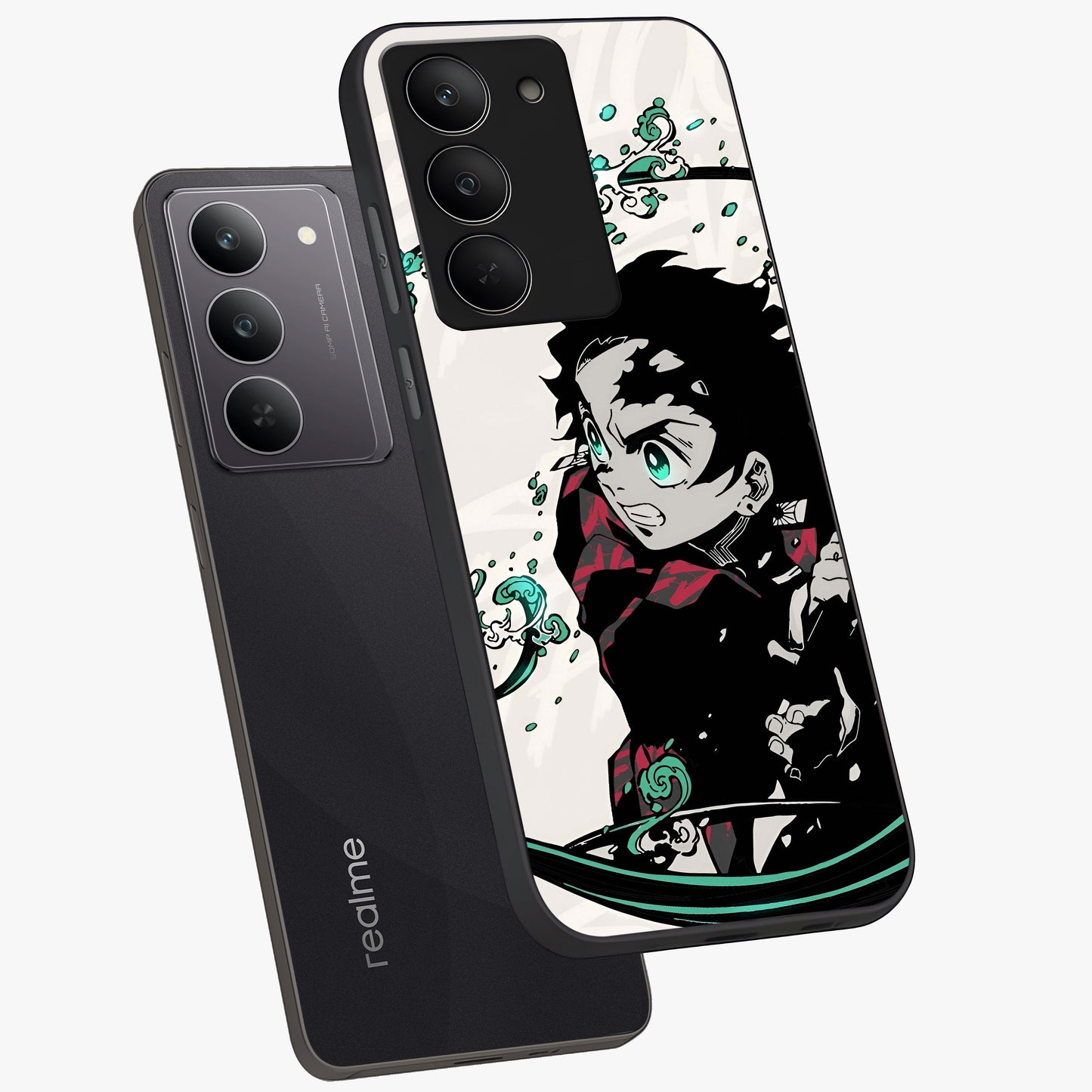 Demon Slayer Glass Case displayed in angled mockup highlighting dramatic anime character design with action aesthetic.