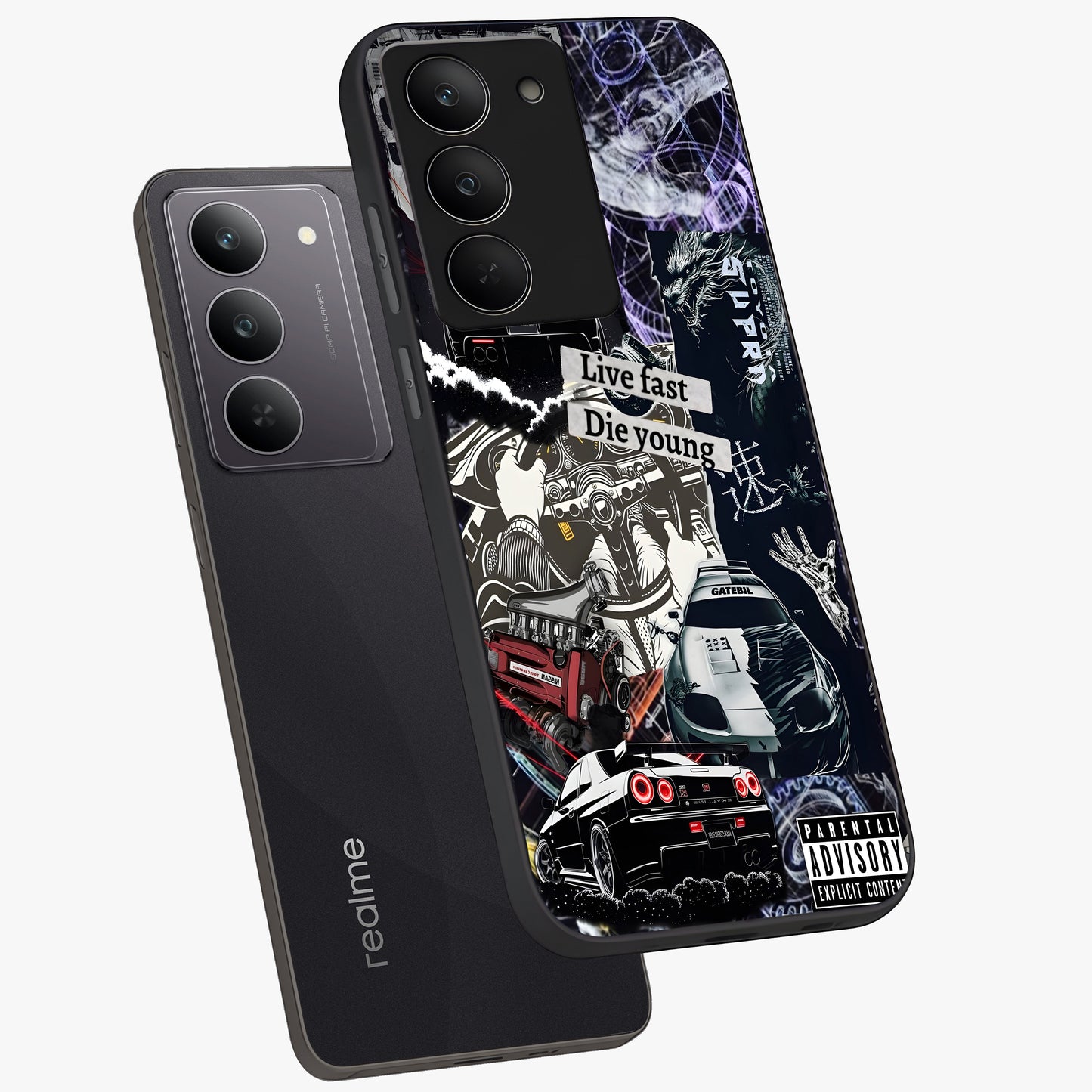 Die Young Glass Case displayed in angled mockup highlighting expressive graphic artwork with edgy aesthetic style.